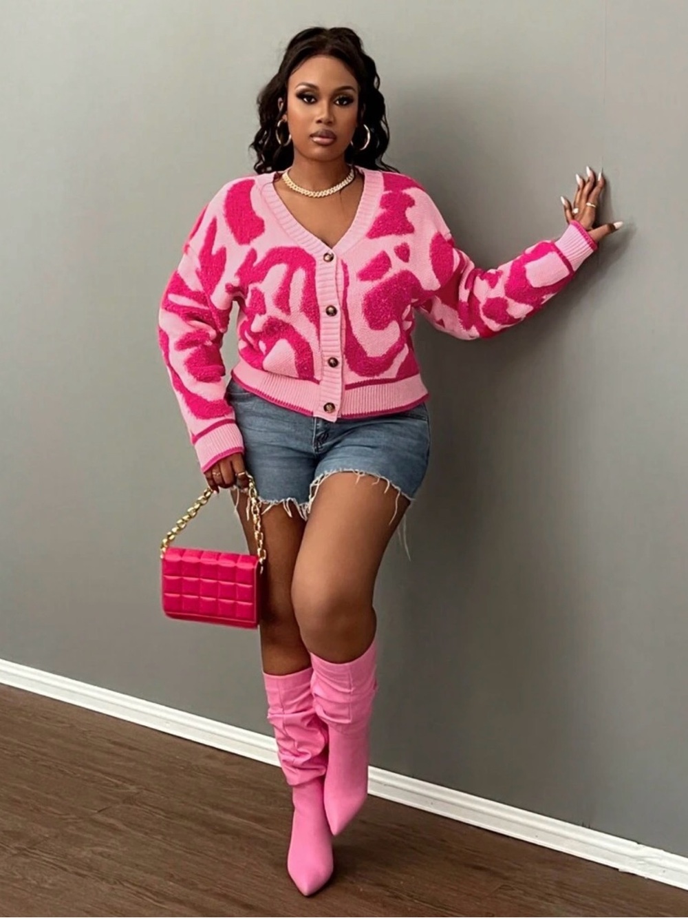 Pink Patterned V-Neck Button Cardigan Sweater